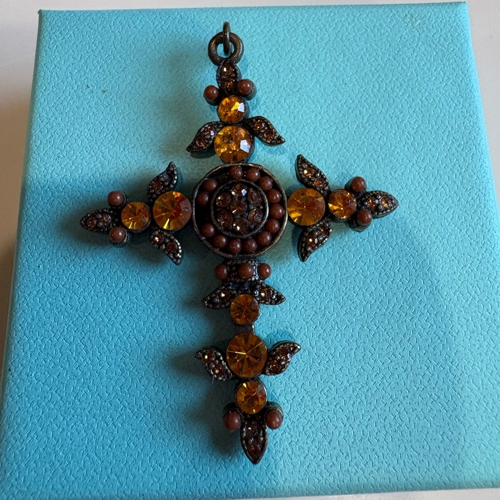 Orange Crystal Bronze Tone Cross Pendant Necklace